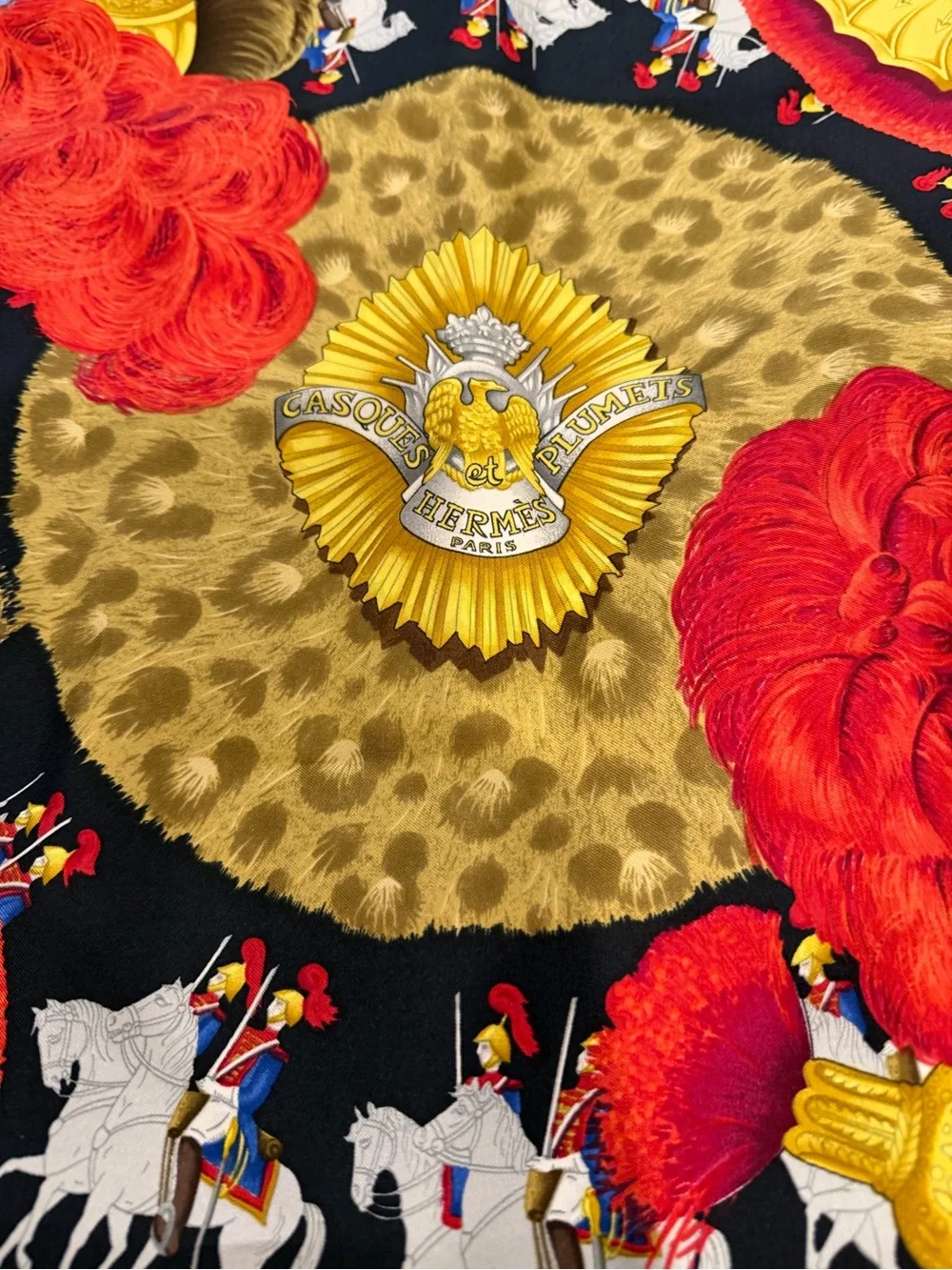 Authentic Hermes Luxury Women's Silk Scarf in Black, Gold and Red